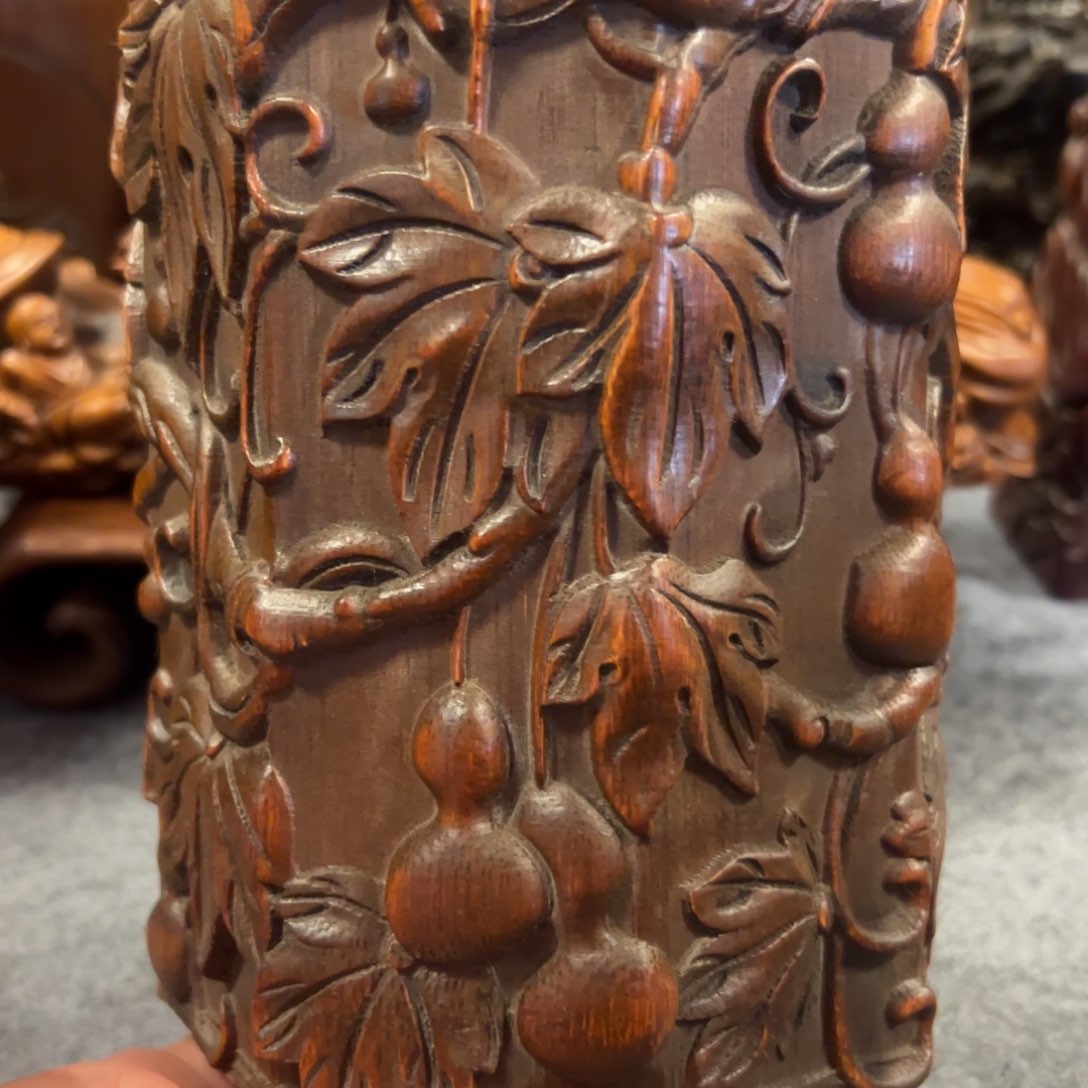 竹竹雕笔筒雕刻葫芦万代