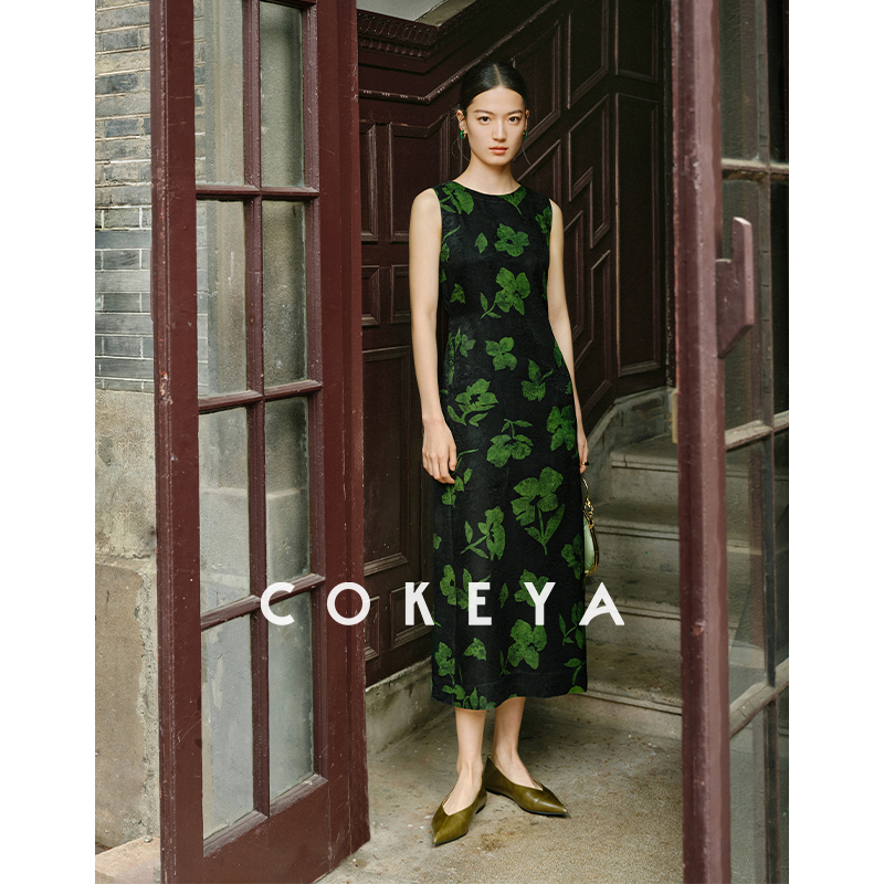 COKEYA/东方美人~香云纱6A级真丝旗袍无袖国风新中式碎花连衣裙