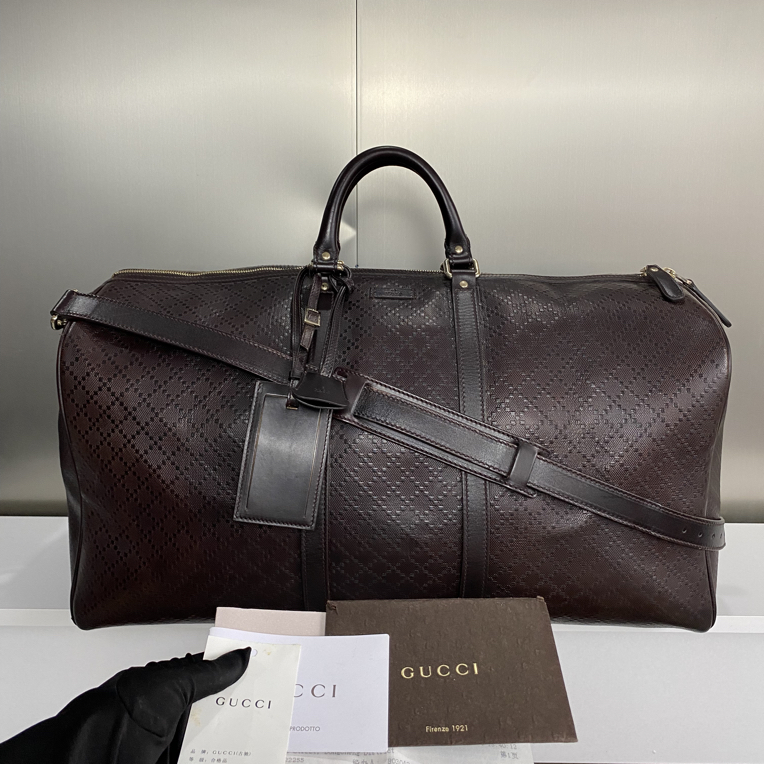 95新 GUCCI/古驰 深咖色菱格全皮50底长旅行袋健身包zp241