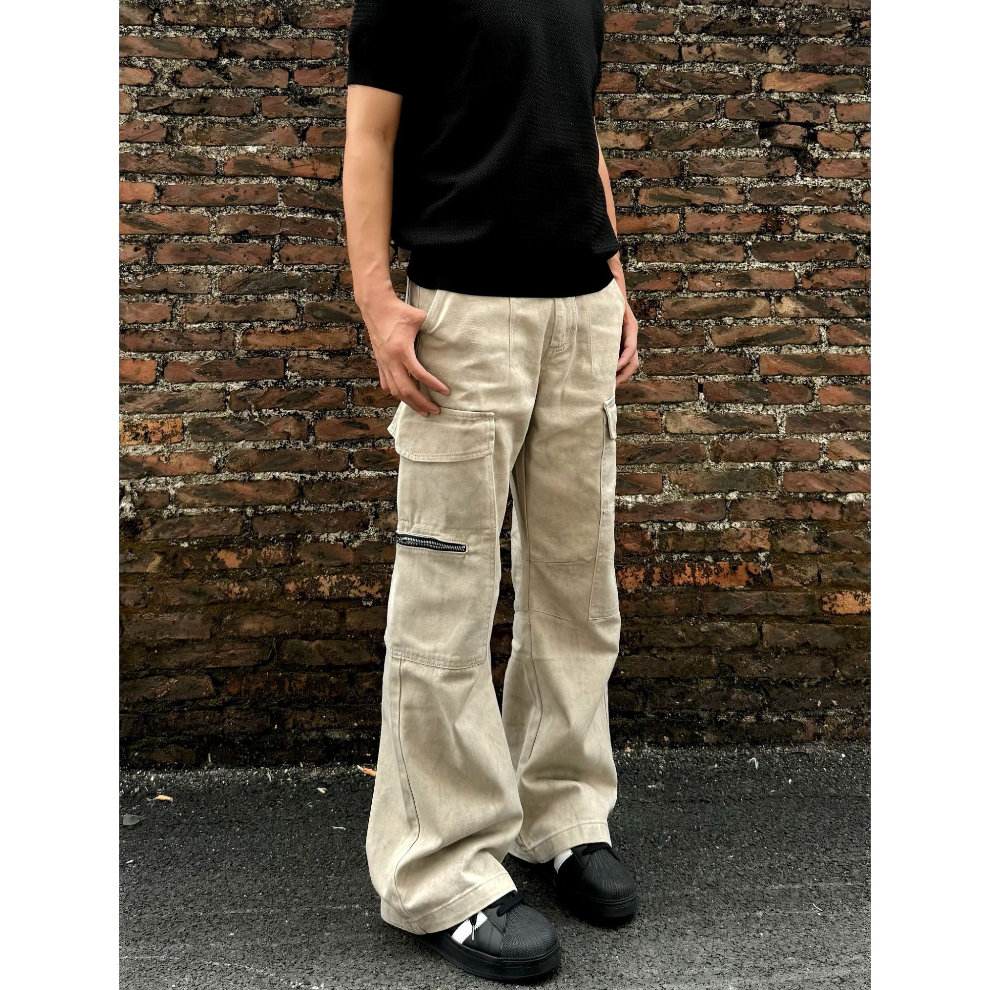 美式夏季大理石拉链多口袋休闲直筒工装裤复古宽松男女长裤3108