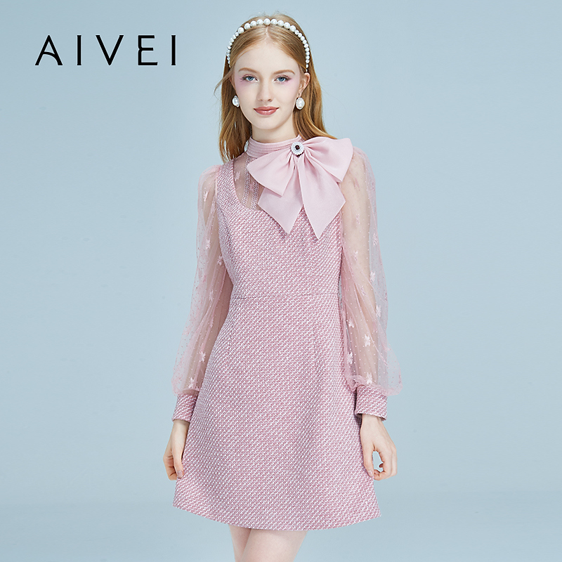 AIVEI欣贺艾薇2022冬季新淑蝴蝶结透视网纱小香风连衣裙P066S083