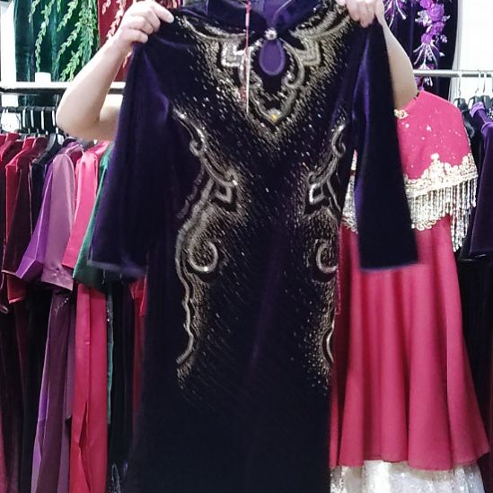 喜***学紫色金丝绒重工中长旗袍2XL