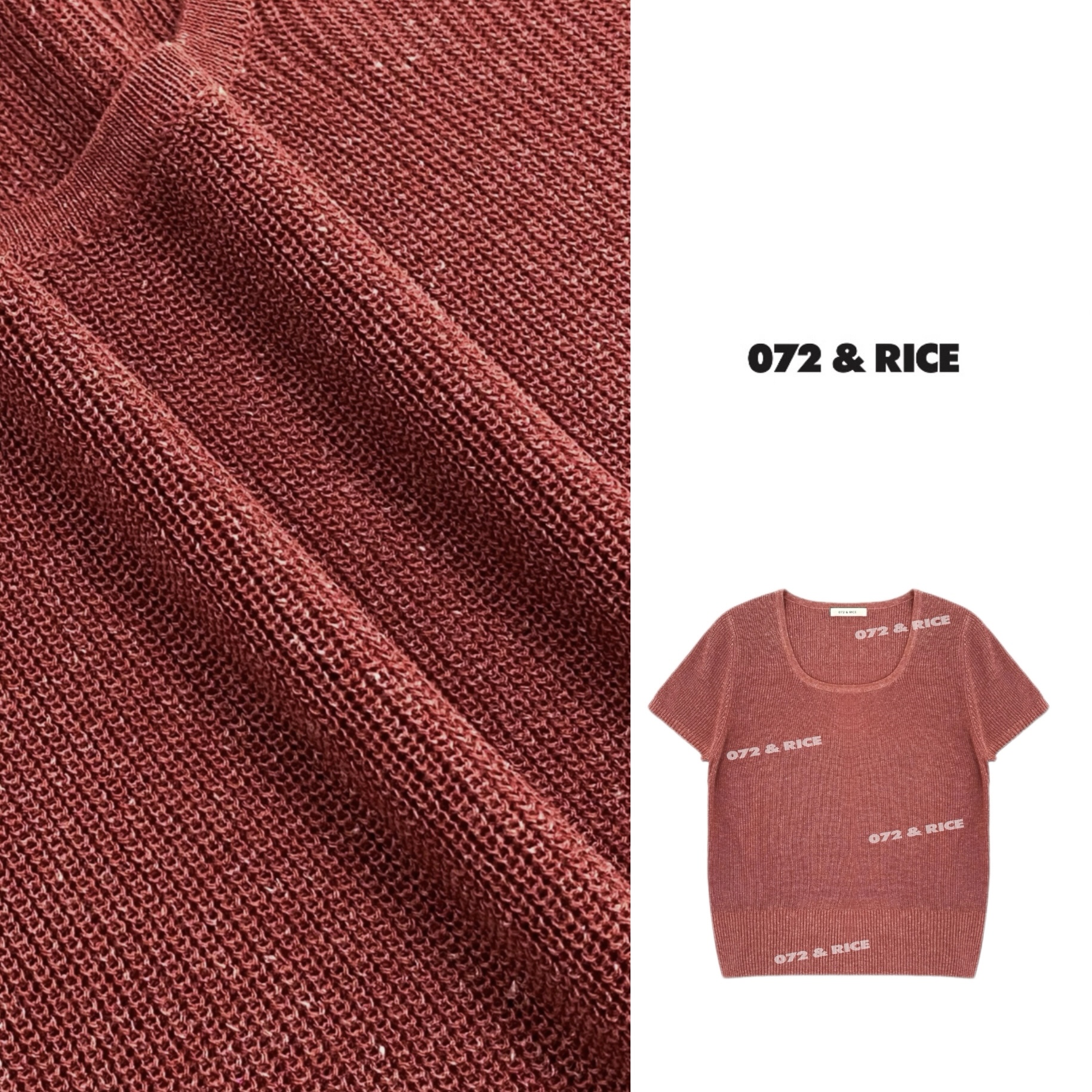 072 & RICE【莲雾红】亚麻 春夏休闲U领短袖针织衫 24SJ35