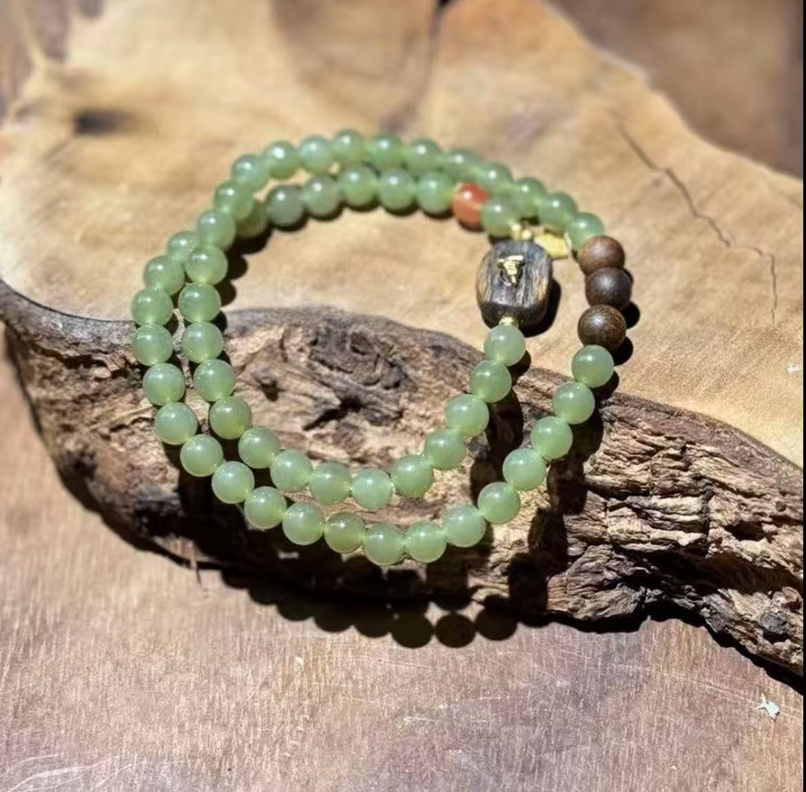  和田玉碧绿珠手串双圈+证书（无礼盒）M41 多样性发其一