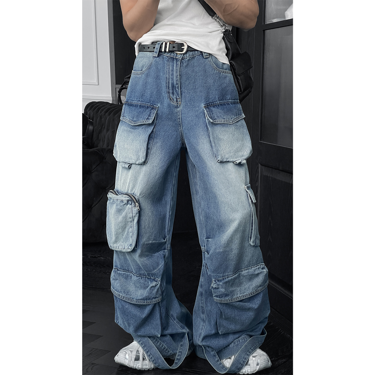 龙叨叨夏季新款潮流美式复古做旧工装口袋宽松阔腿百搭牛仔长裤