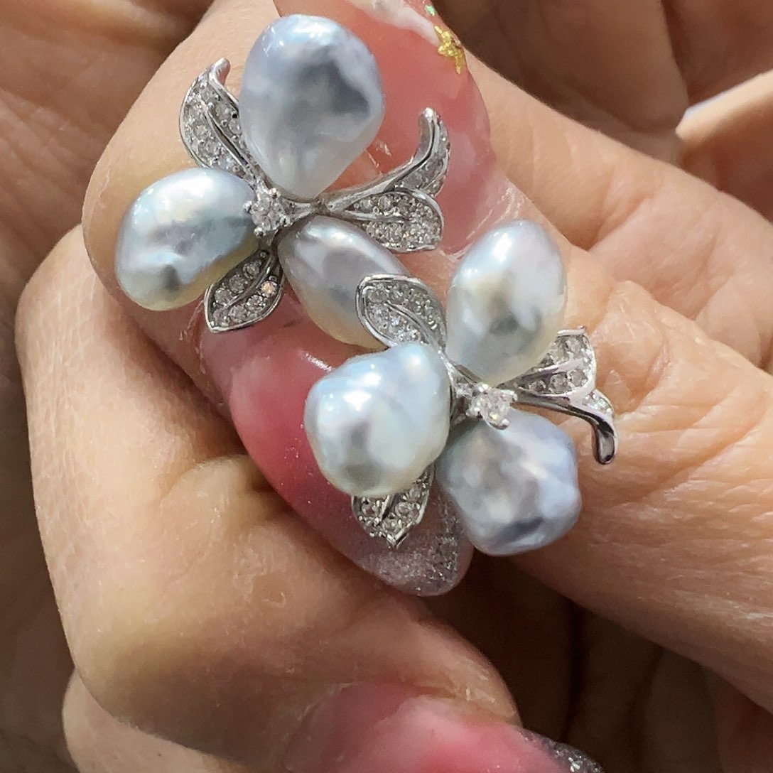 海水珍珠耳饰银S925镶嵌云