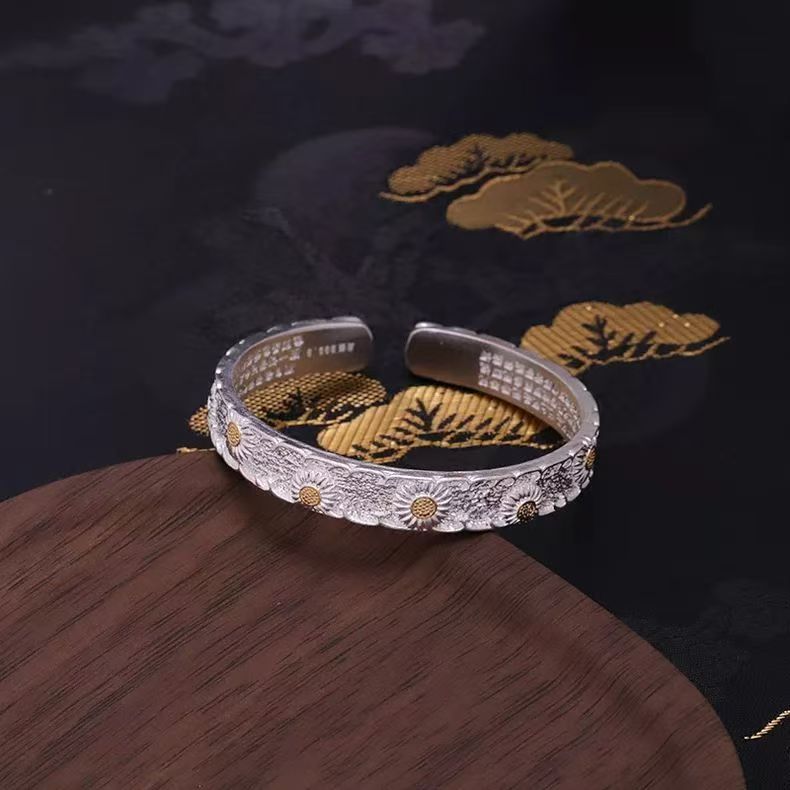 999.9银【小雏菊】复古国风篆刻描金菊花开口镯