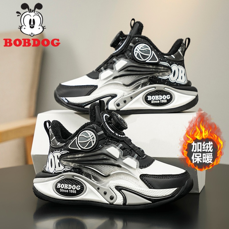 巴布豆童鞋男童棉鞋2025秋冬季新款运动鞋皮面加绒保暖儿童篮球鞋