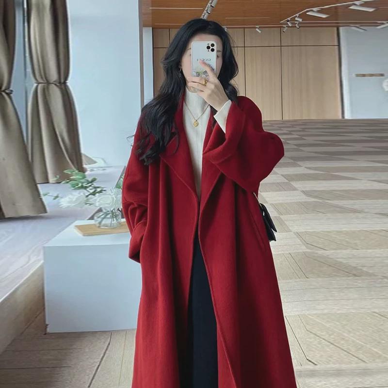 西西里红色双面羊绒毛呢子大衣外套女2025冬秋季新款赫本