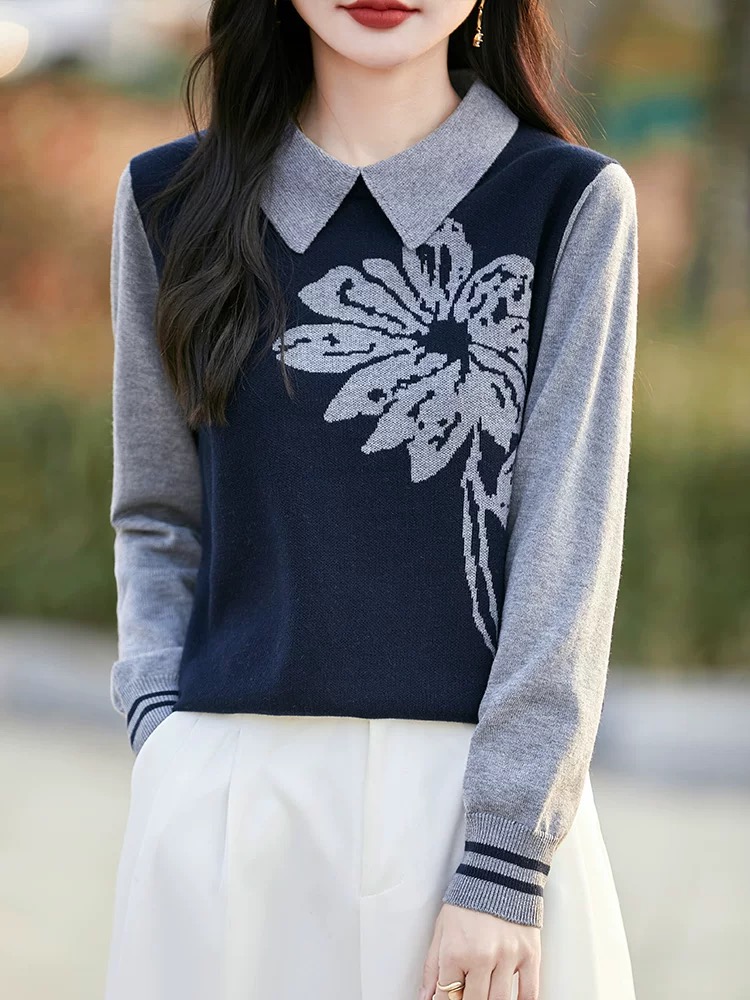 假两件针织衫拼色翻领上衣时尚洋气女秋冬2025新款娃娃领打底毛衣