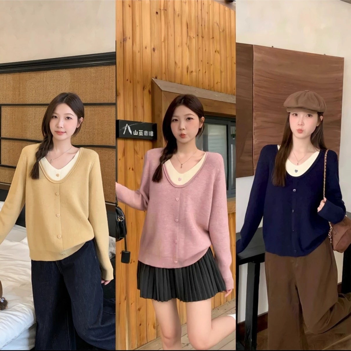 【大码】5048慵懒风假两件长袖针织毛衣胖mm新款秋冬宽松显瘦上衣