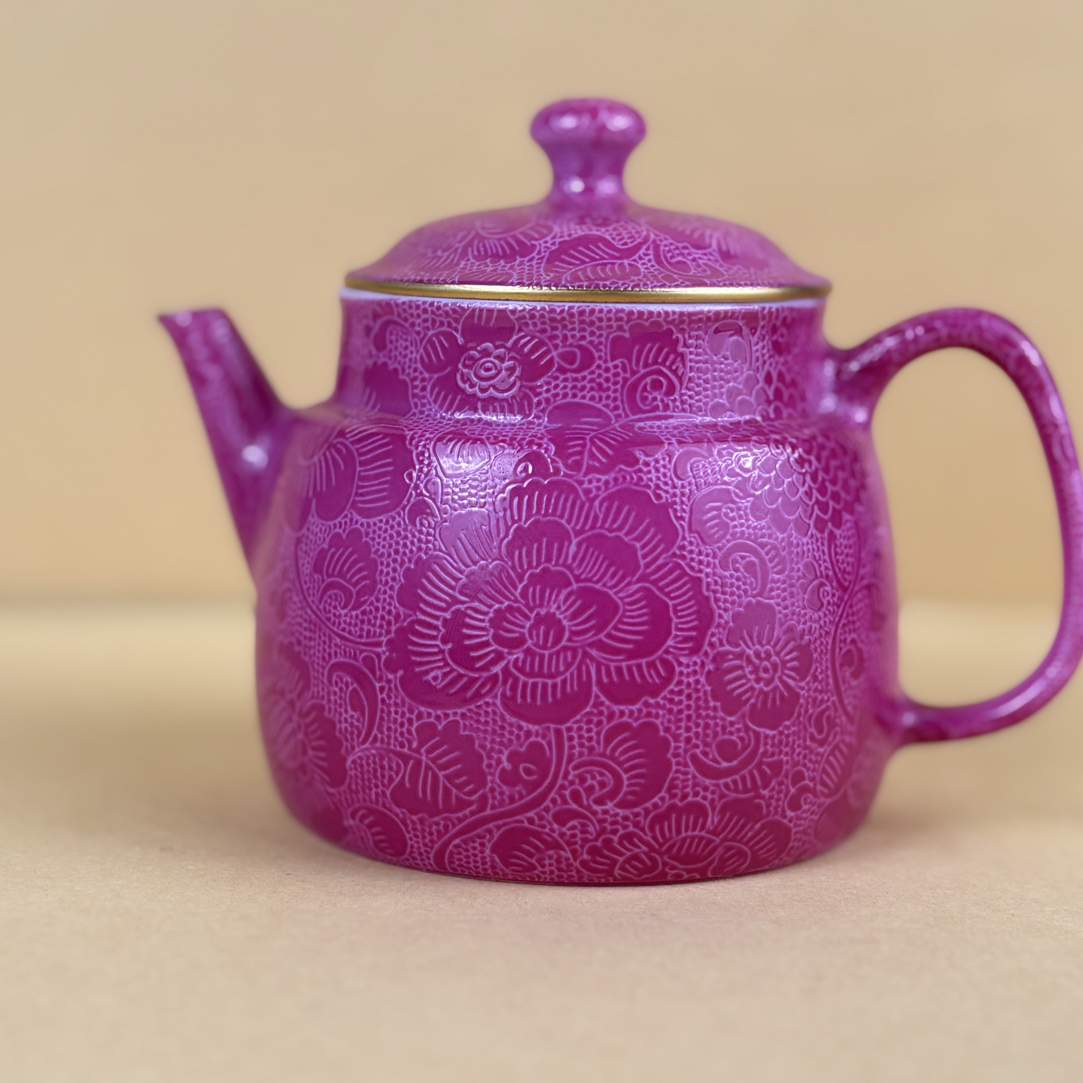 景德镇胭脂红手绘扒花茶壶女士杯纯手工陶瓷中式