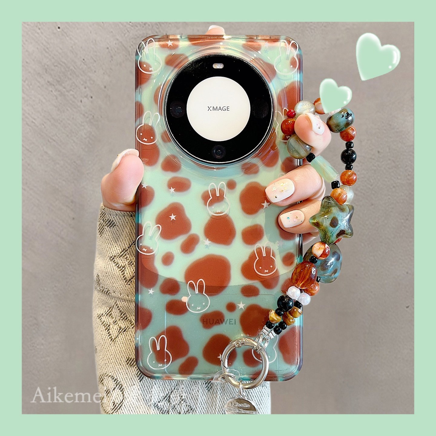 适用华为mate70pro+手机壳透绿豹纹Mate60pro+线条米菲兔星星链条