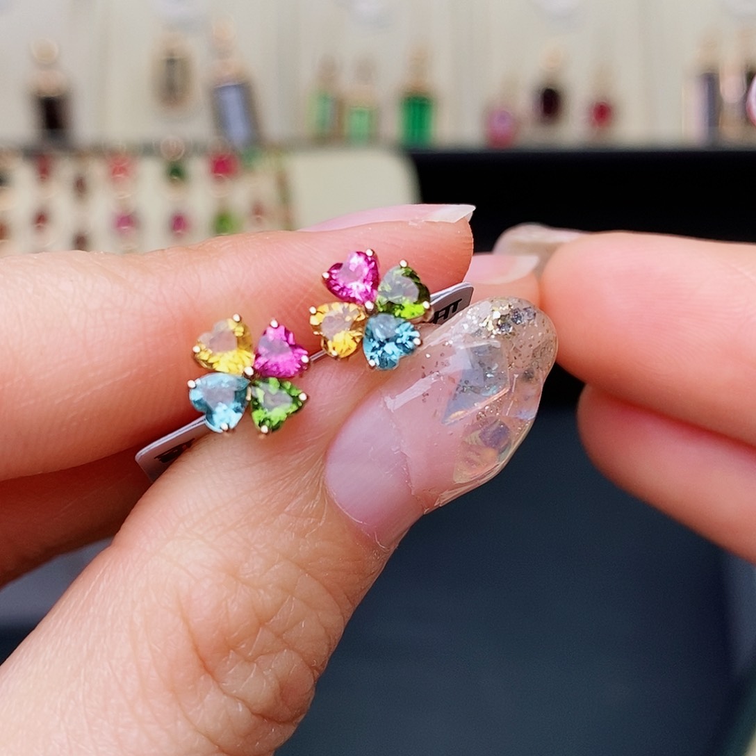 碧玺耳钉彩色18K金镶嵌