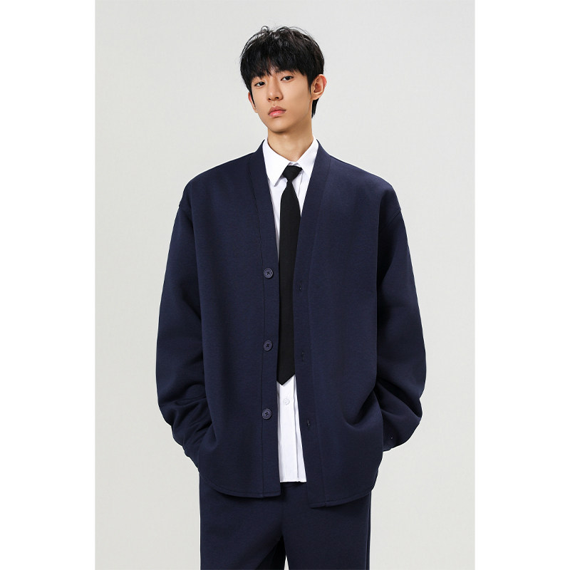 美式休闲时尚春季新款男重磅V领单排扣开衫宽松百搭纯色卫衣外套