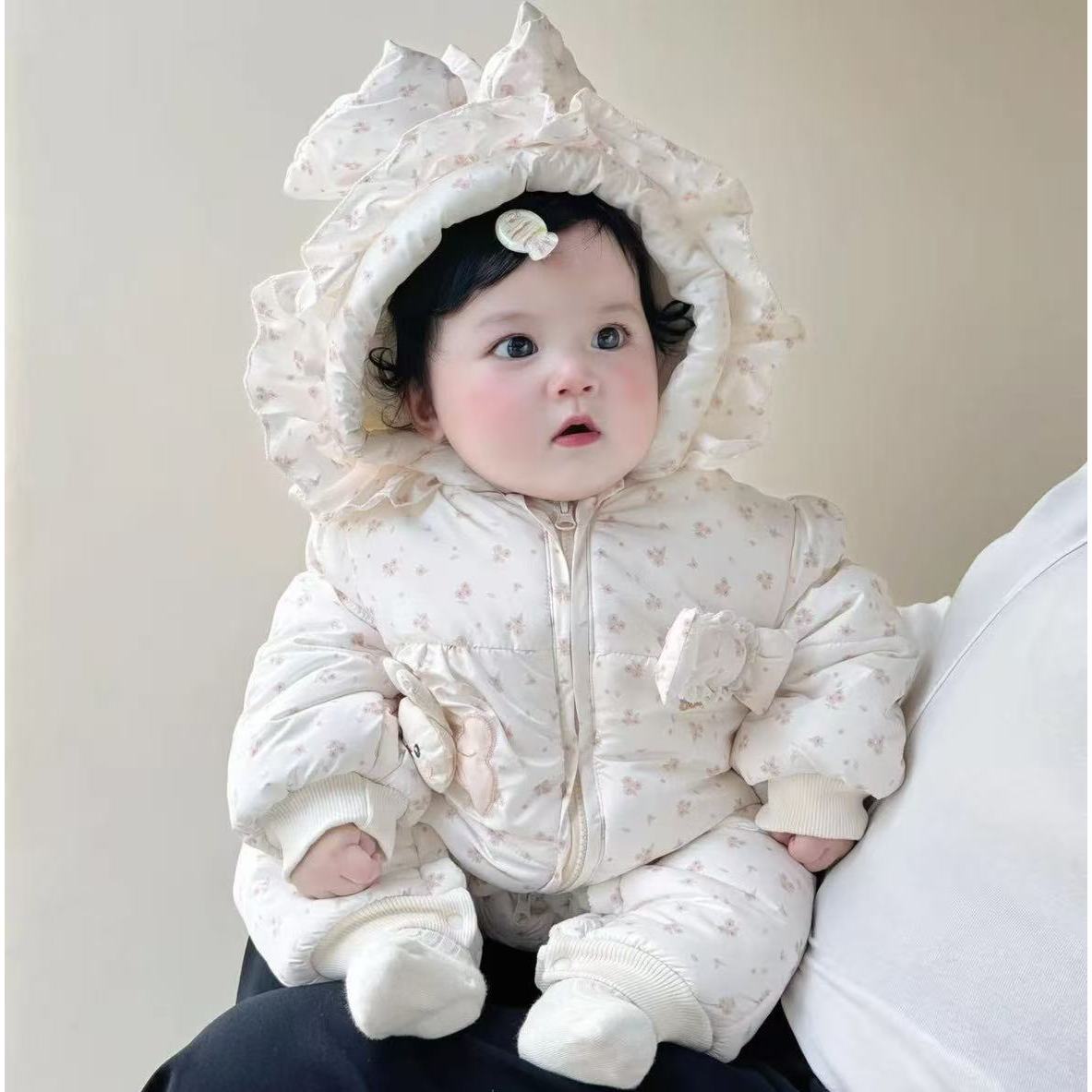 新生婴幼儿加厚连体衣女宝宝甜美哈衣加棉外出服
