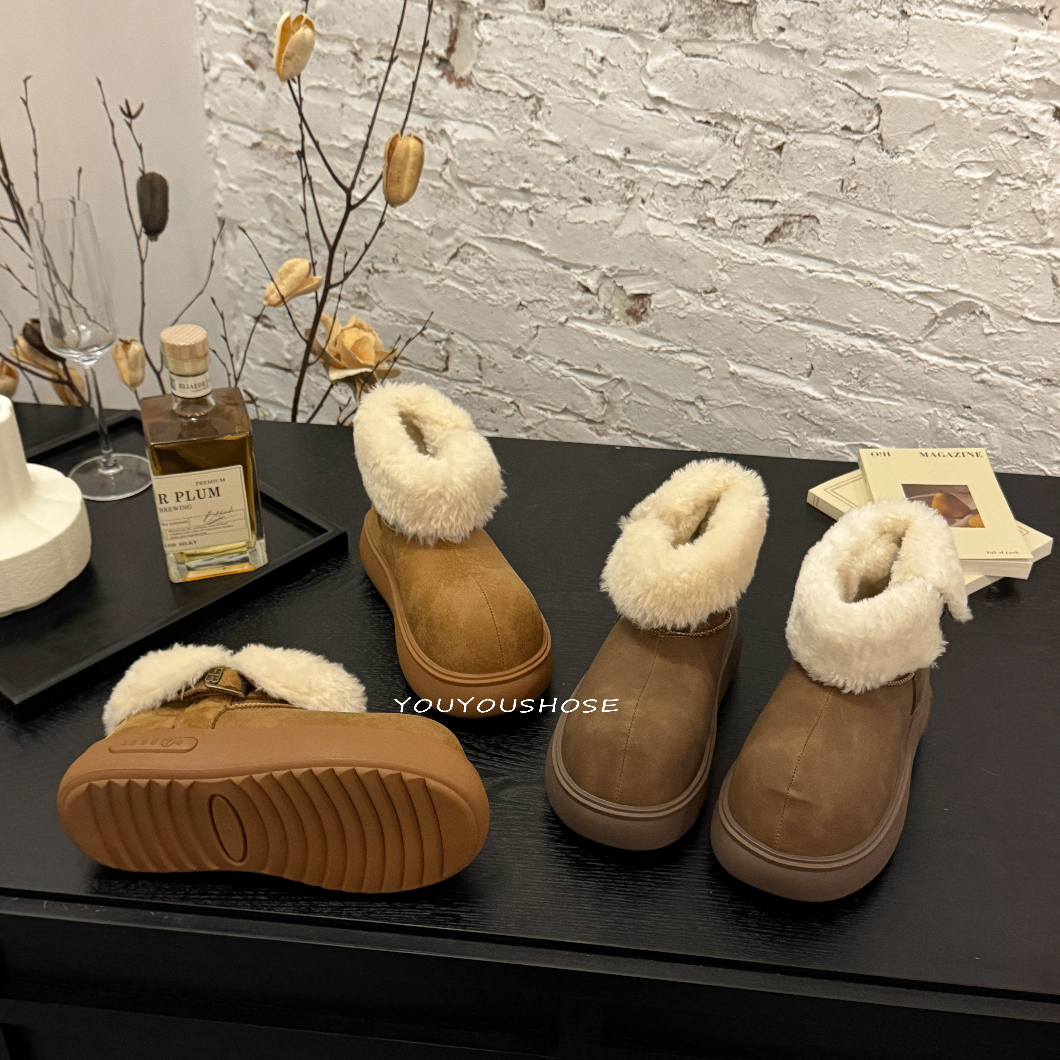 翻领厚底卡皮巴拉雪地靴女2025冬季新款加绒保暖丑萌大头面包棉鞋