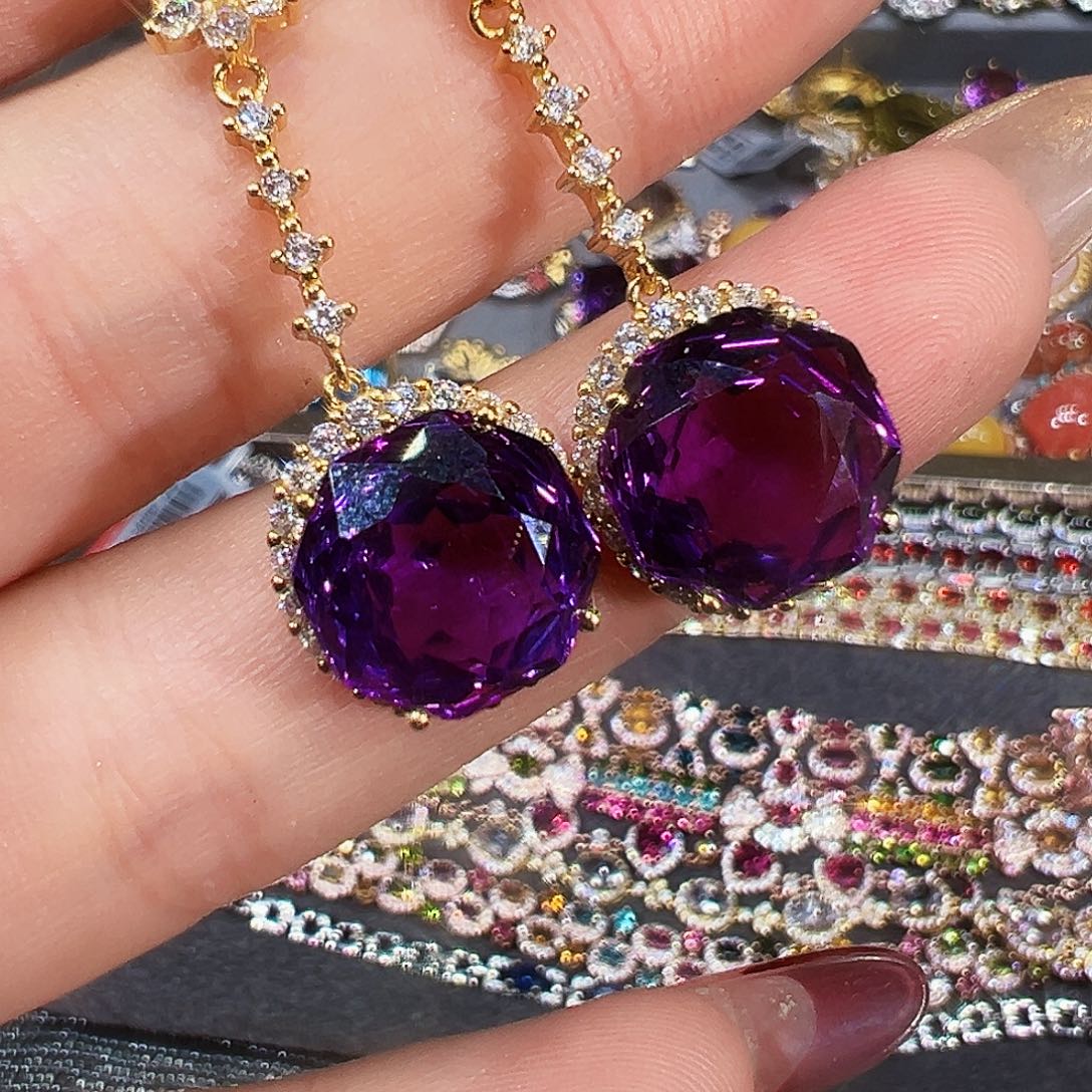 银S925镶嵌耳饰紫晶红*