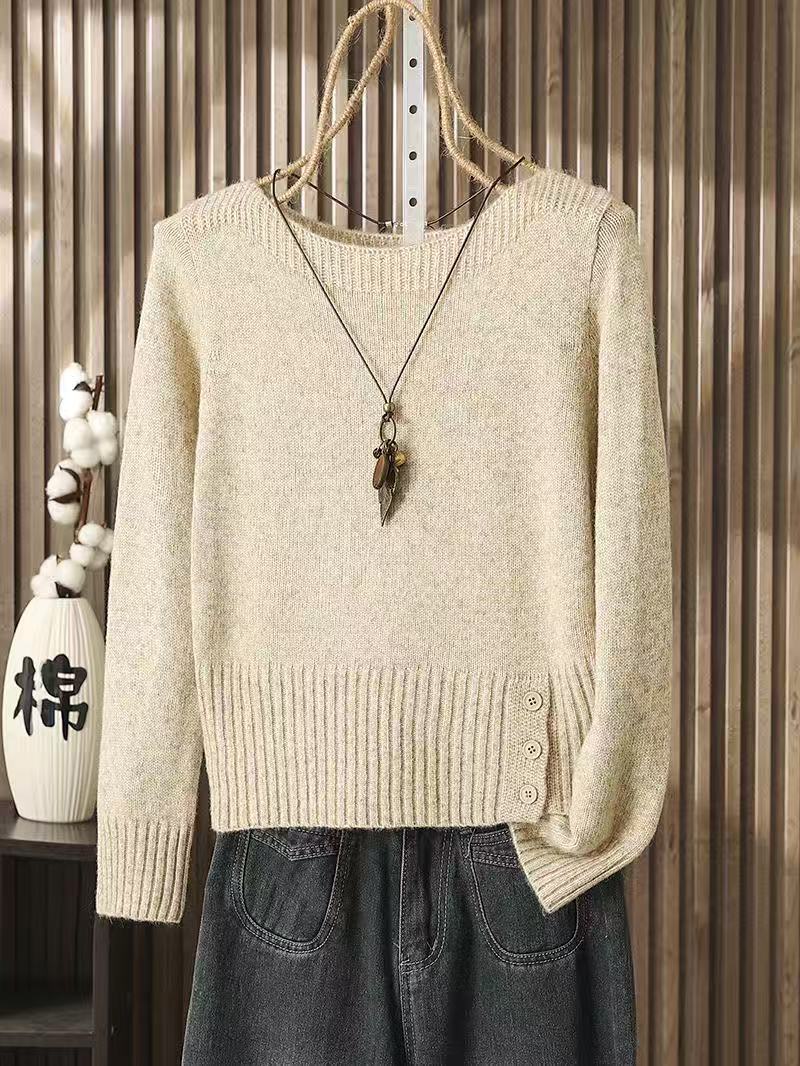 秋冬新款一字领毛衣针织衫宽松遮肉套头外穿时尚洋气保暖长袖上衣