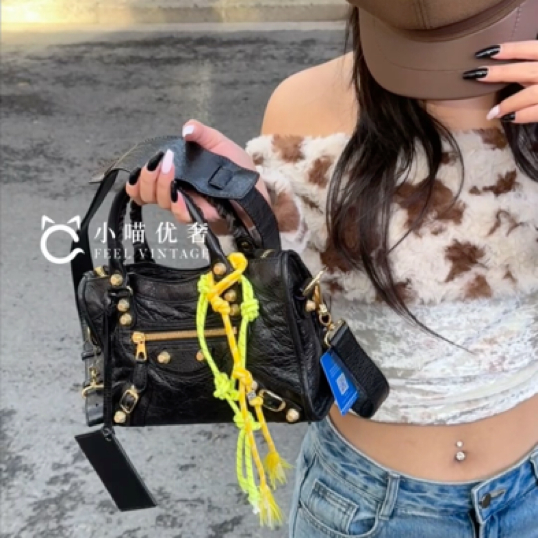 95新 Balenciaga/巴黎世家 黑金黑色油蜡皮mini机车包手提斜挎包