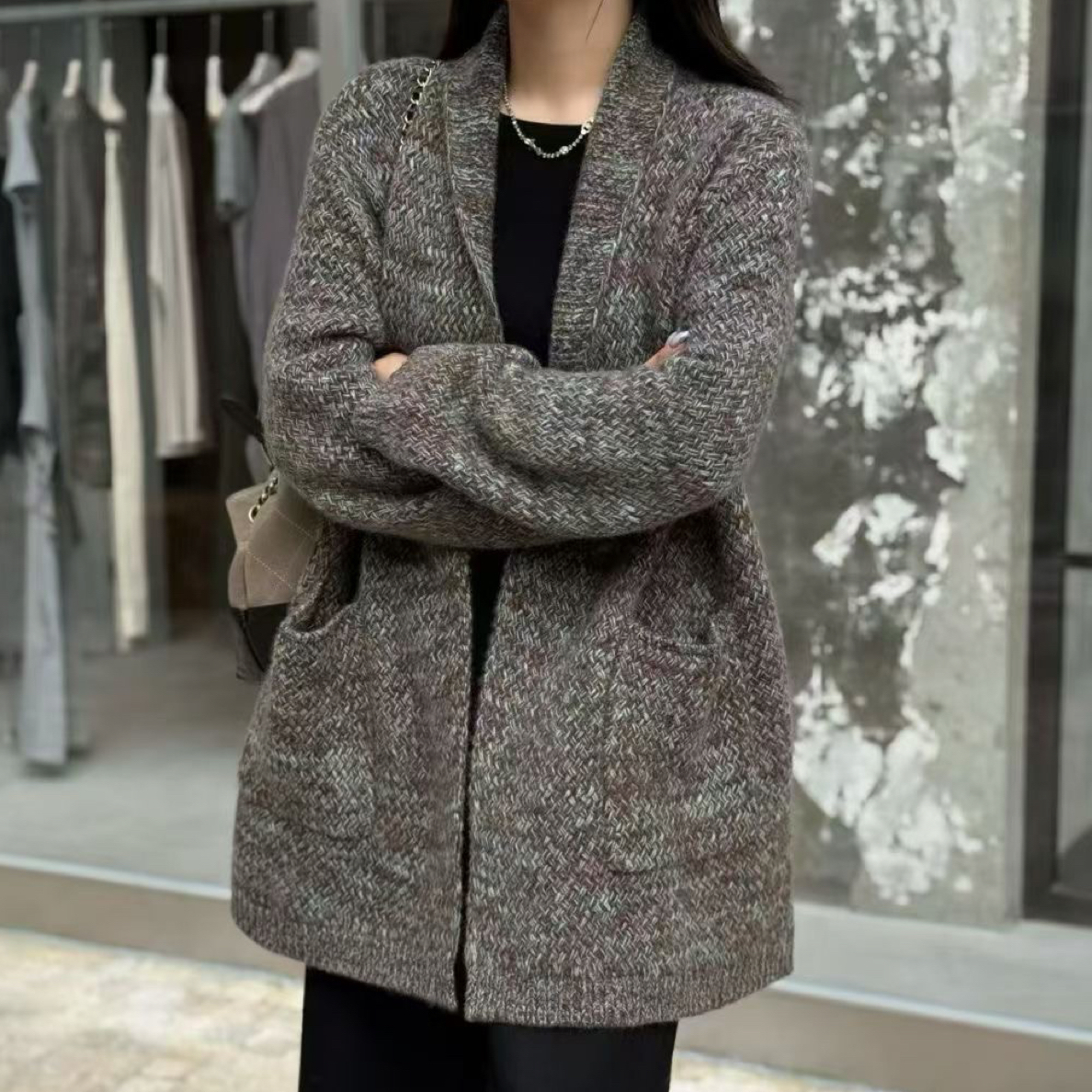 高克重加厚山羊绒中长款宽松花纱秋冬开衫毛衣外套