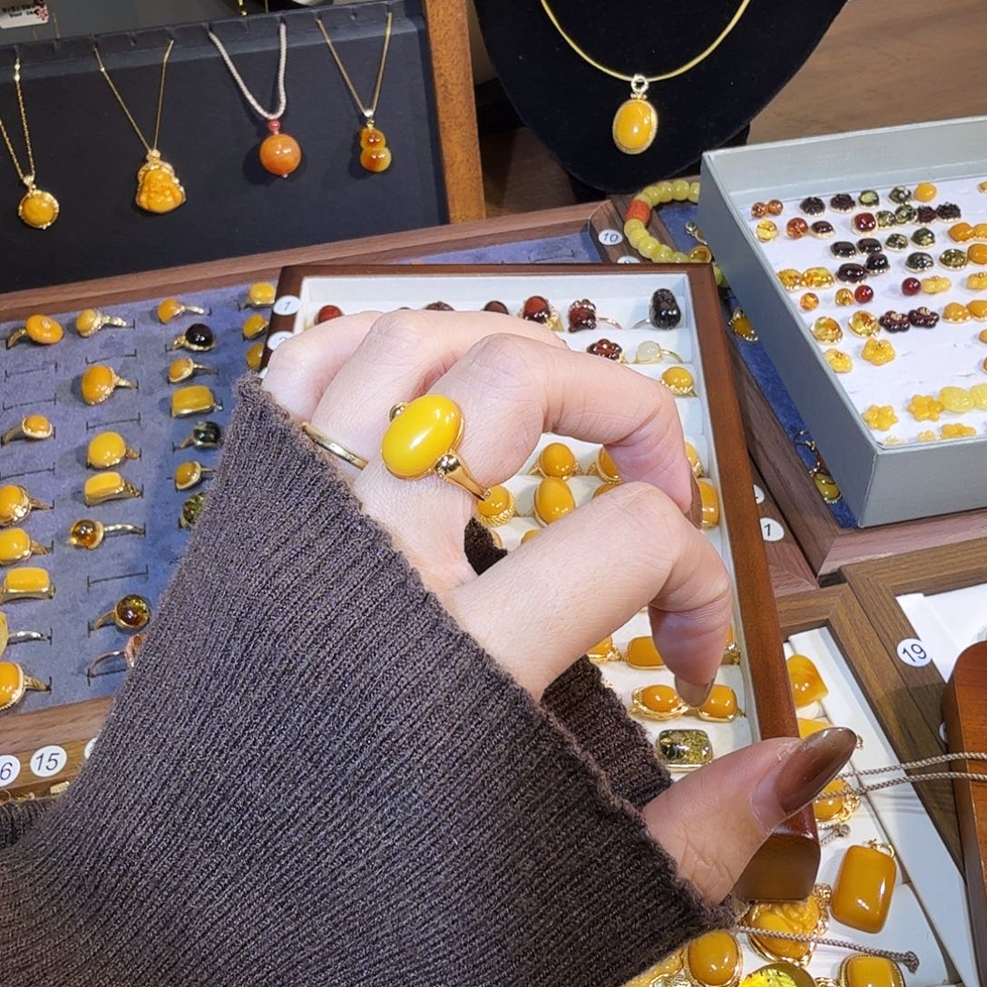 蜜蜡银S925镀金镶嵌戒指