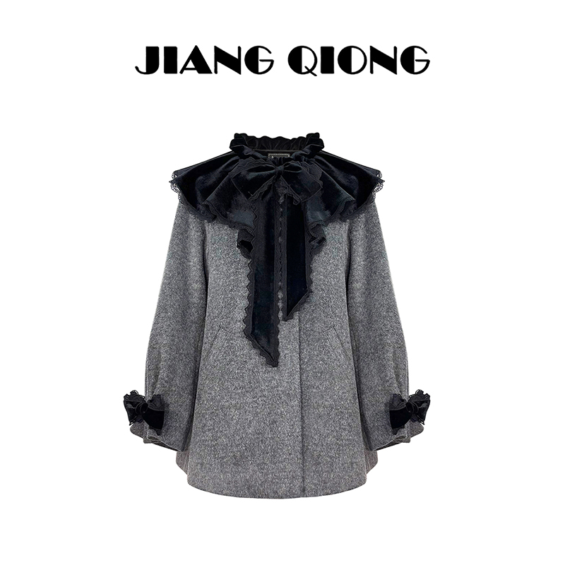 姜穹JIANGQIONG 2025冬季新客荷叶边领蝴蝶结蕾丝花边毛呢外套女