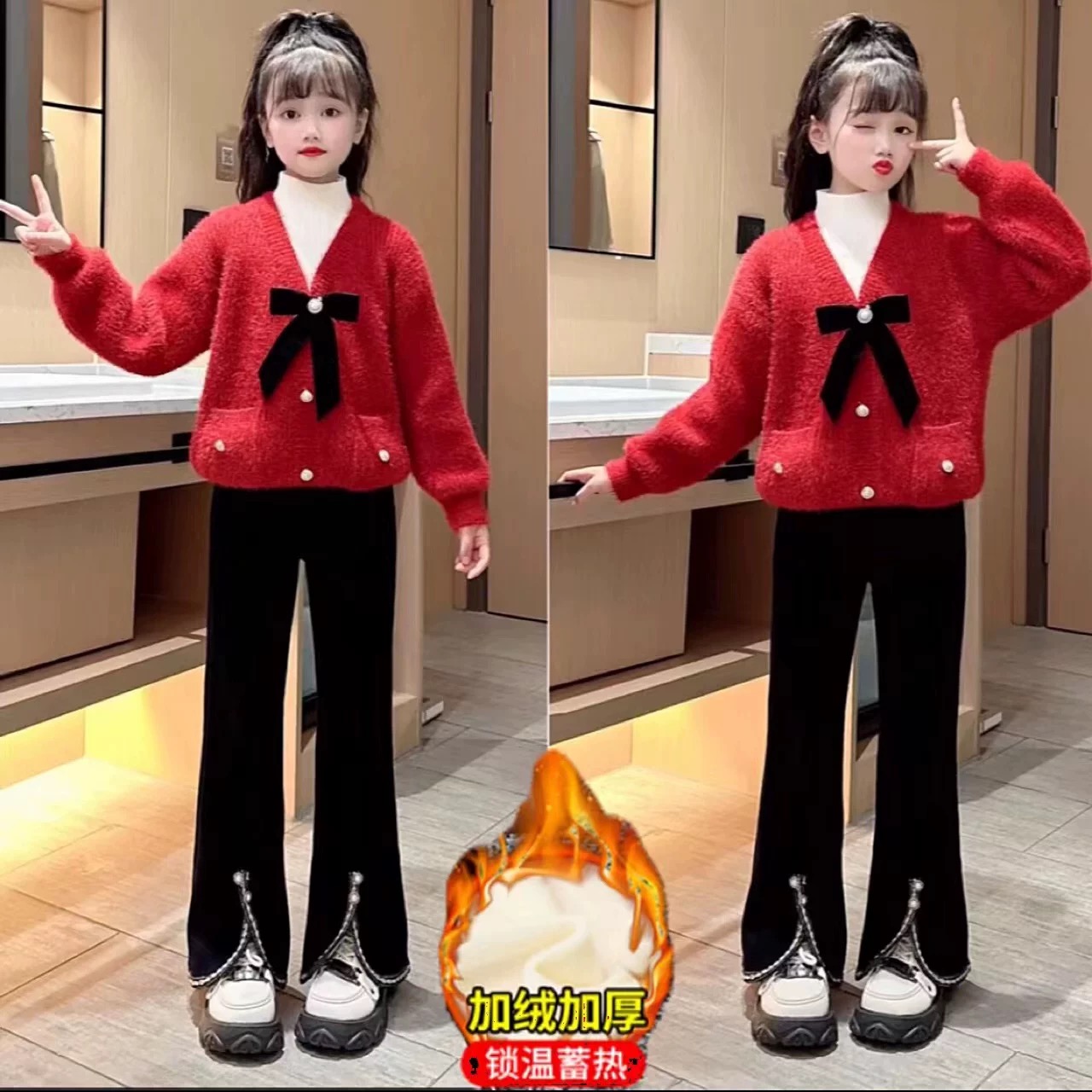 女童洋气套装圆领加绒加厚款纯色儿童毛衣针织衫秋冬时尚男童时髦