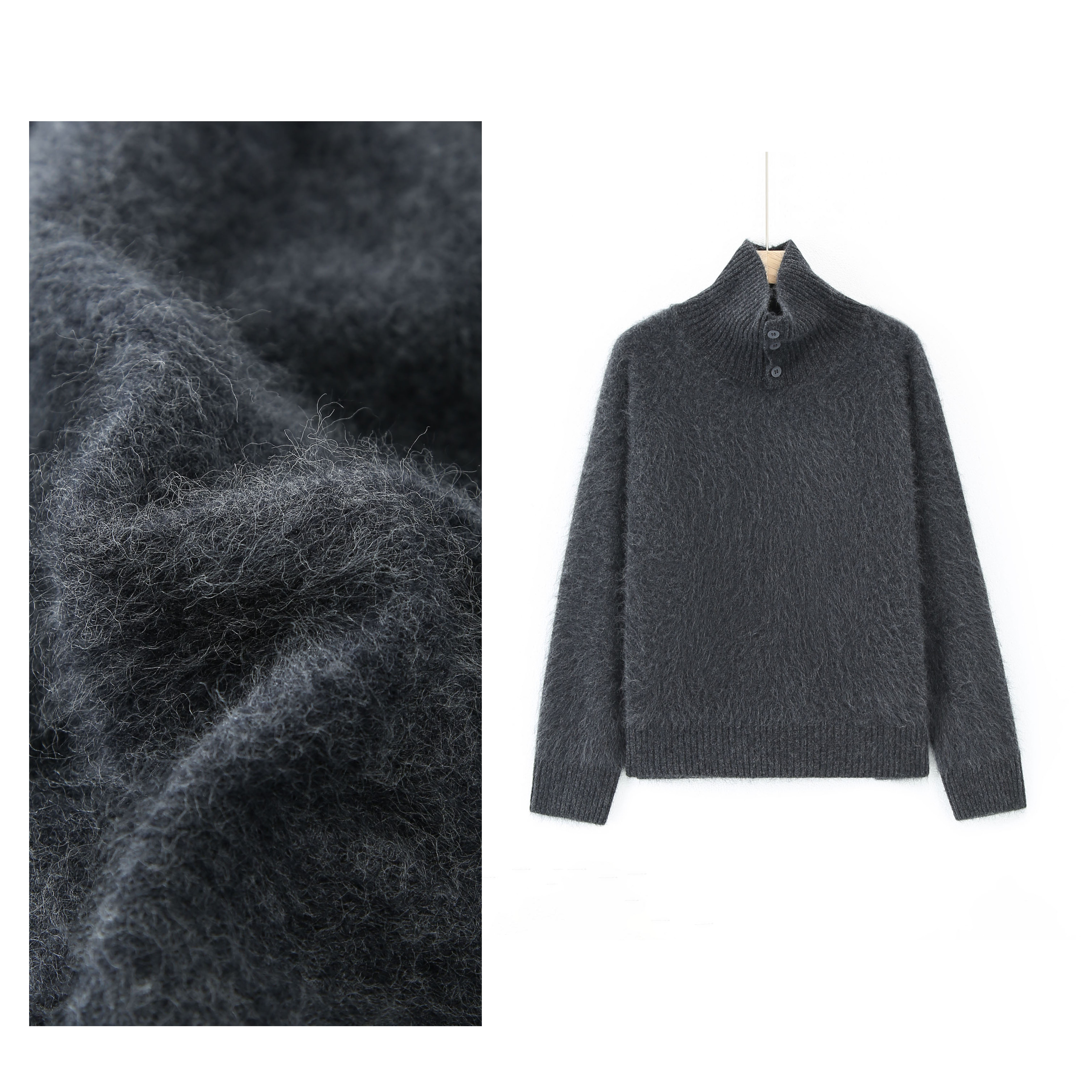 左佐羊绒100%山羊绒拉绒高领纽扣宽松打底-7725