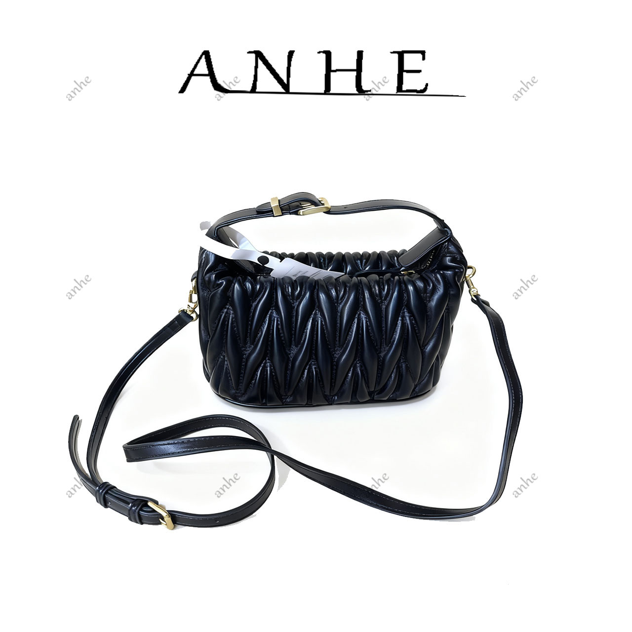 安合甄选-高定真皮包-21cm-2273-褶皱饭盒-缪-黑