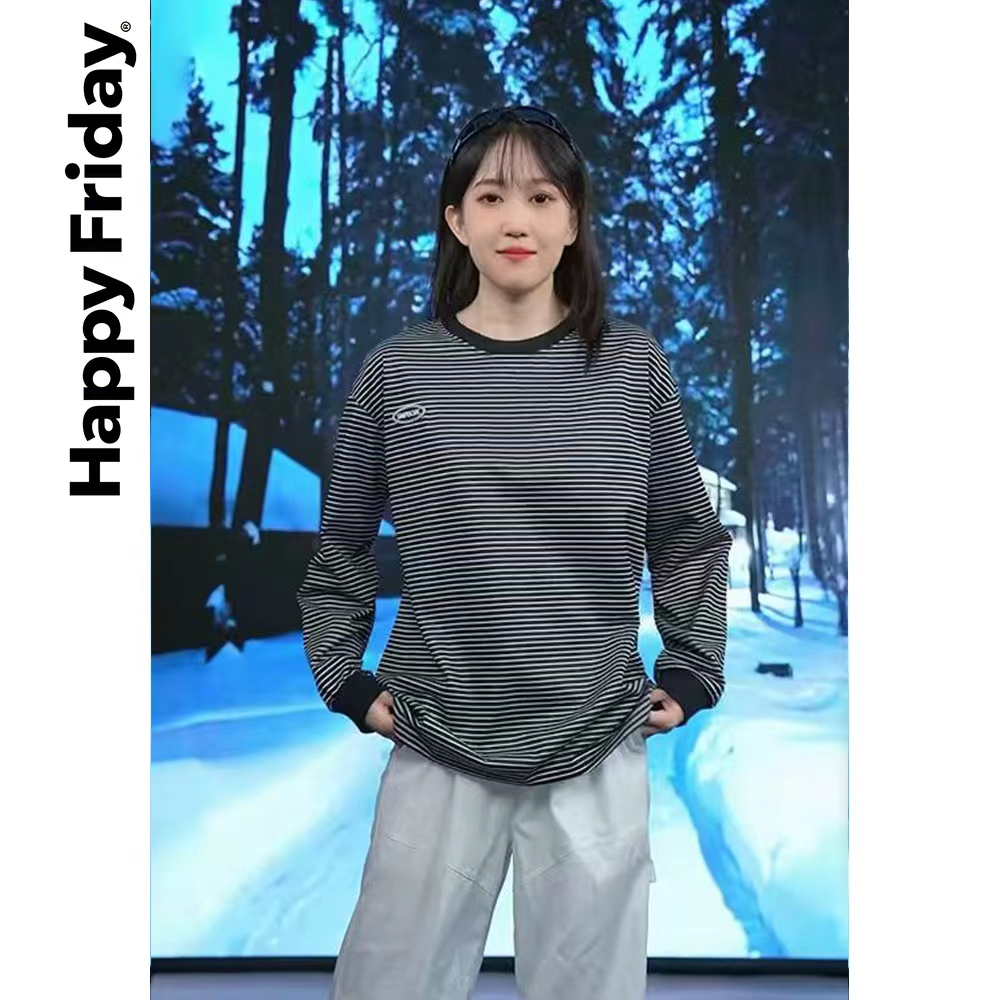 条纹T恤打底衫女2024秋季新款圆领长袖卫衣女韩版上衣服女装外贸