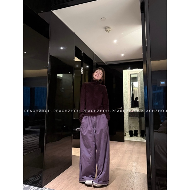 『PEACHZHOU』加绒保暖宽松直筒休闲裤松紧腰百搭阔腿长裤