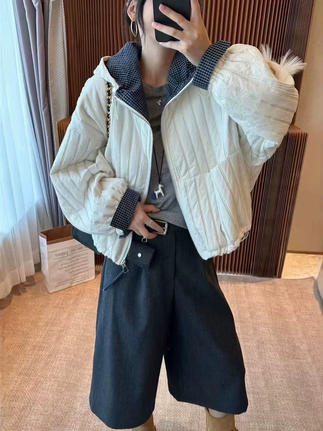 优雅时尚连帽夹棉格子拼接短外套女2025秋季新款轻薄棉服二棉夹克