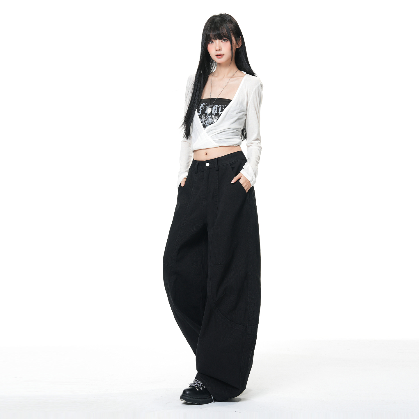 Roxy秋冬新款三色美式复古拼接设计感老爹拖地牛仔裤女