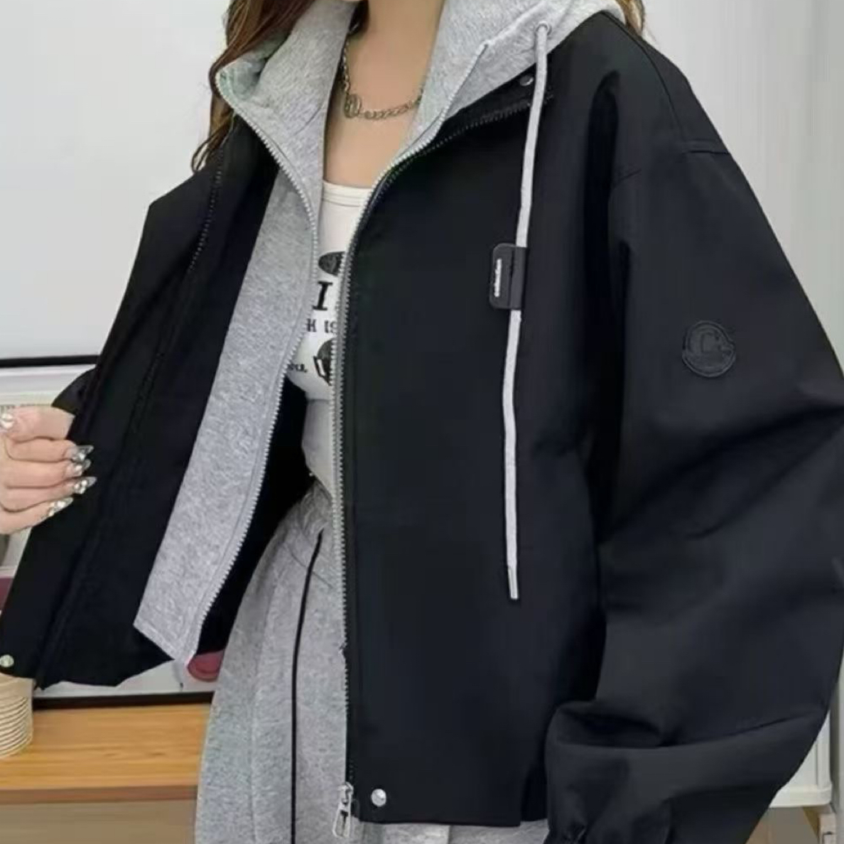 韩版时尚连帽假两件外套女2025春秋新款宽松显瘦休闲简约百搭上衣