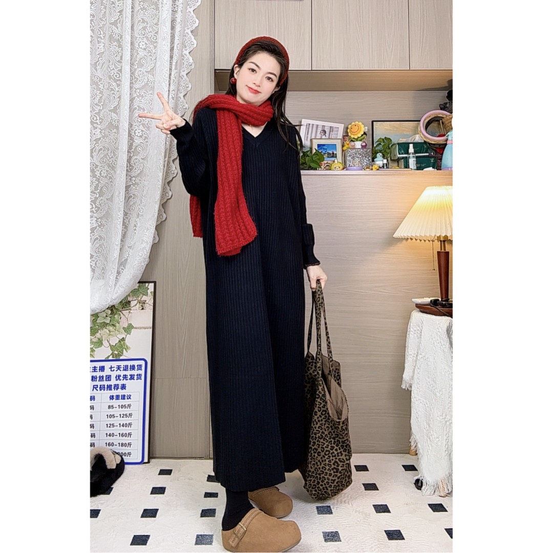 【周周原版八倍弹】秋冬加厚连衣裙孕妇高弹百搭显瘦加长毛衣连衣裙
