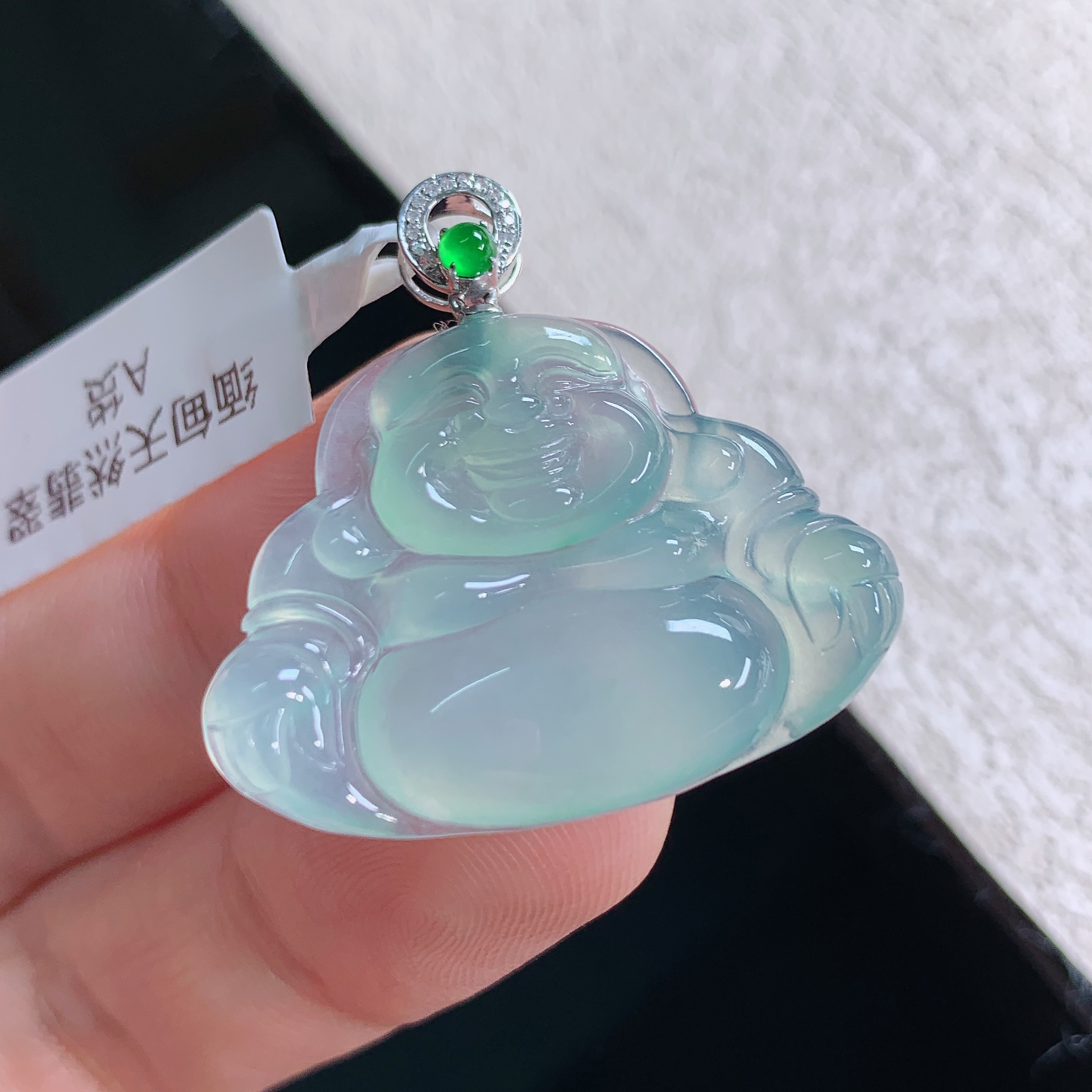 缅甸天然翡翠A货老坑冰种冰绿佛公飘花吊坠精品时尚22.4*30.4*4.8