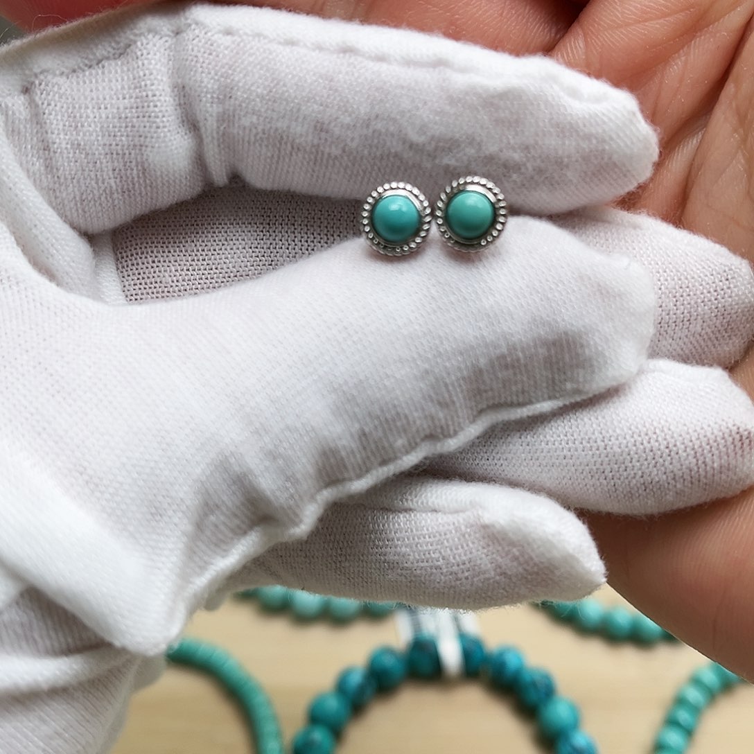绿松石耳钉银S925镶嵌