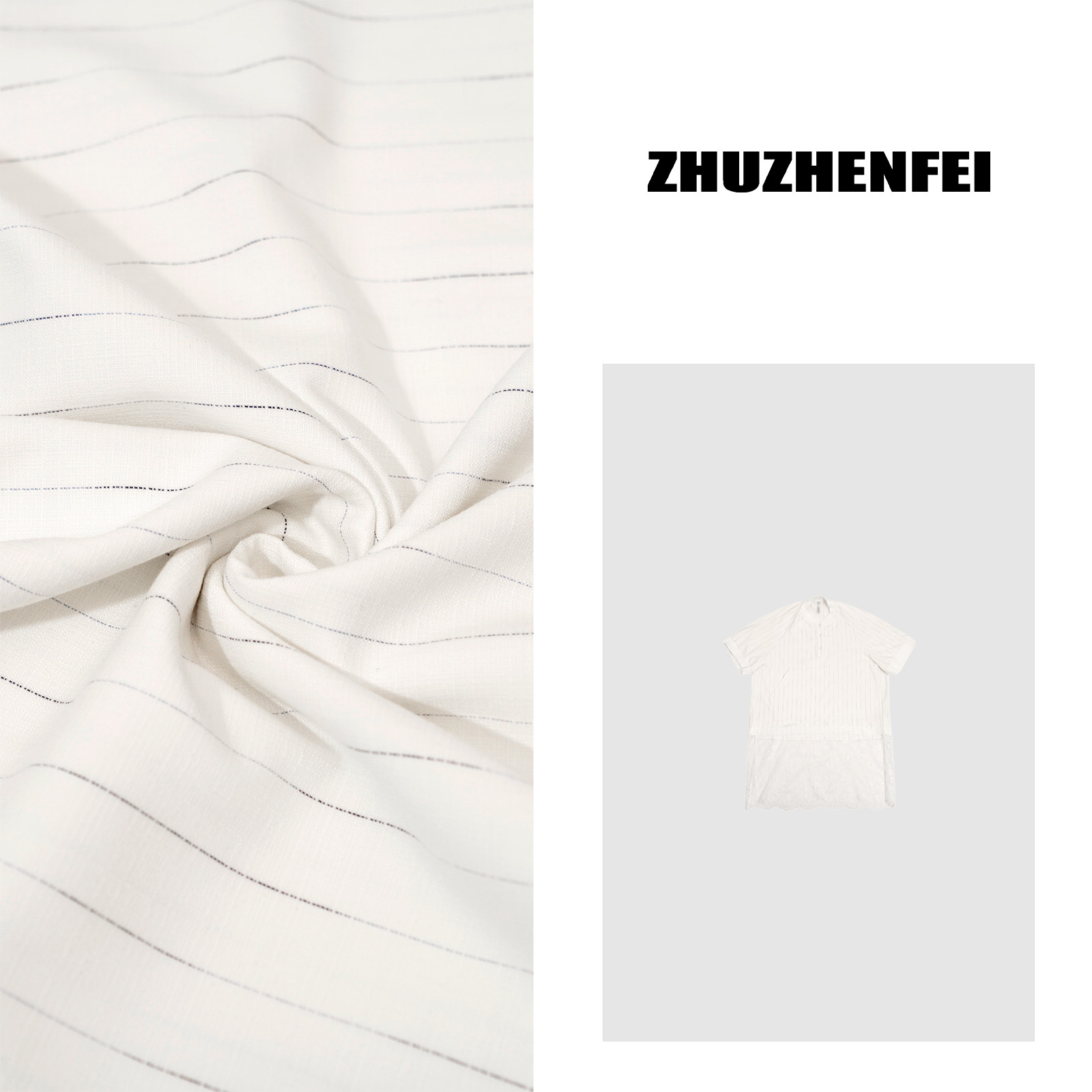 ZHUZHENFEI【纯净时光】条纹拼接蕾丝宽松百搭短袖连衣裙Z352136