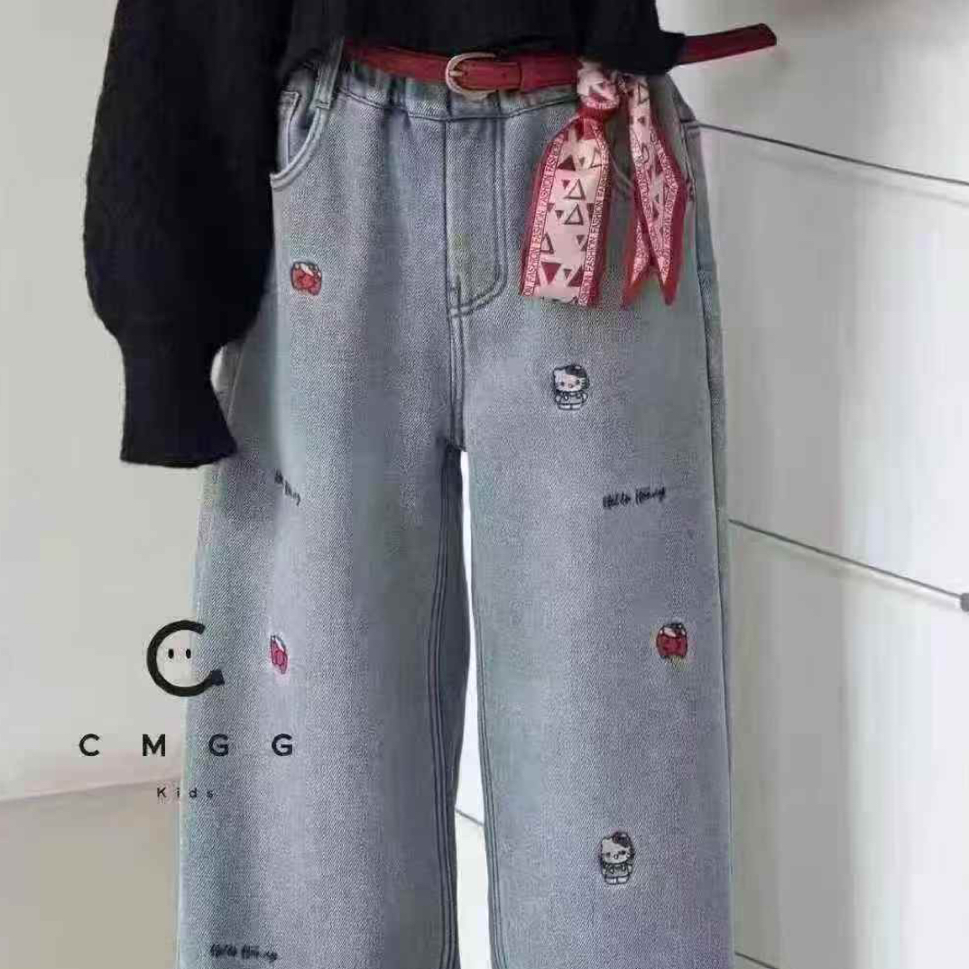 格格家冬季童装女中大童一体绒牛仔裤刺绣KT直筒浅色牛仔休闲裤