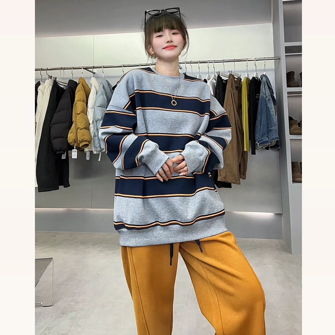【YL严选】冬季新款休闲宽松设计感撞色条纹百搭银狐绒套头卫衣女潮