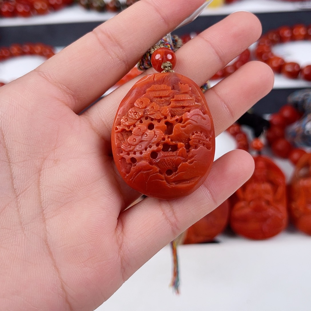 手串未镶嵌南红玛瑙瓦西柿子红山水吊坠