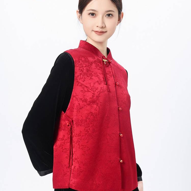 老美华秋季女士新中式提花侧缝显瘦手工盘袢单坎肩433222004