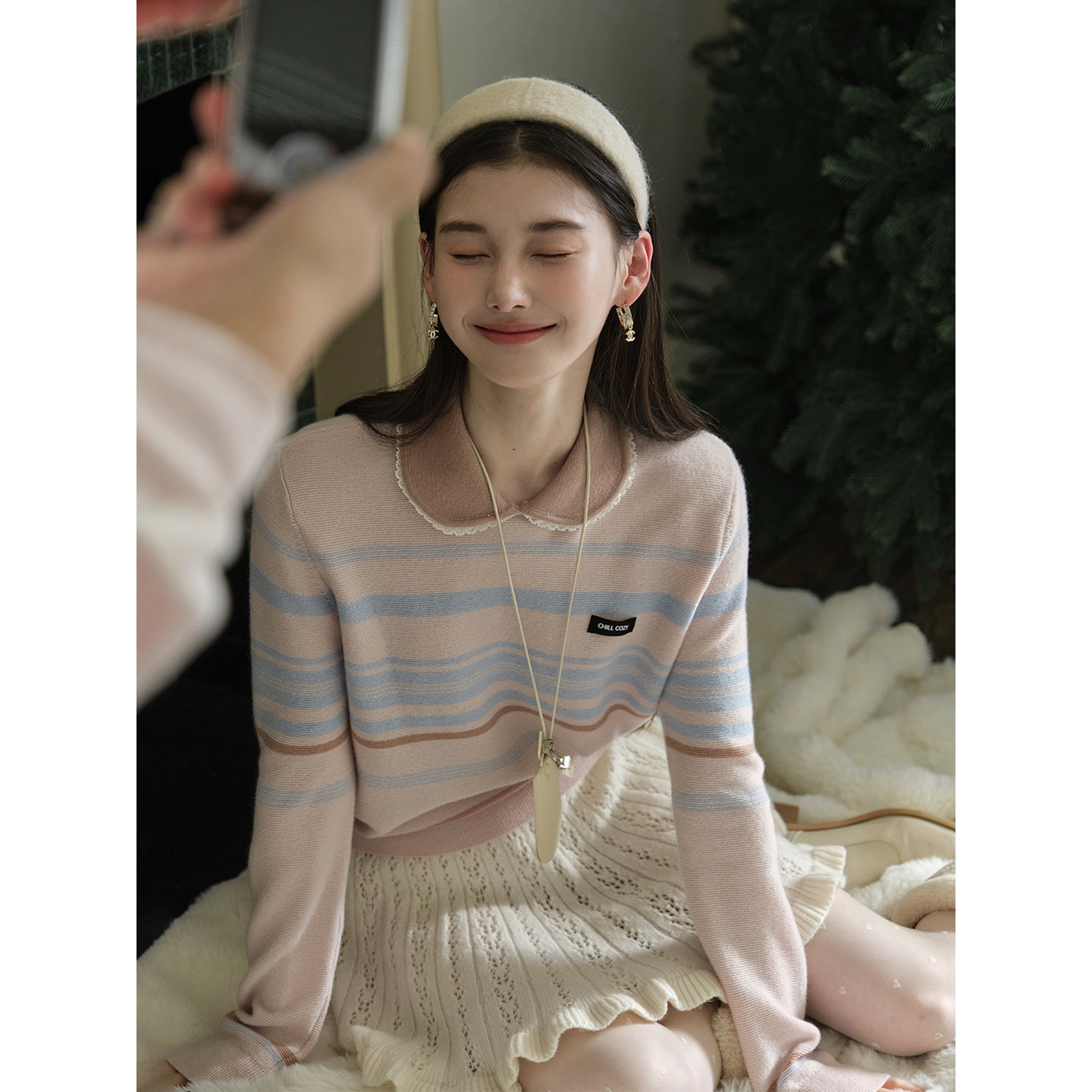 且可ChillCozy 来时信'条纹限速带'100羊毛针织衫毛衣