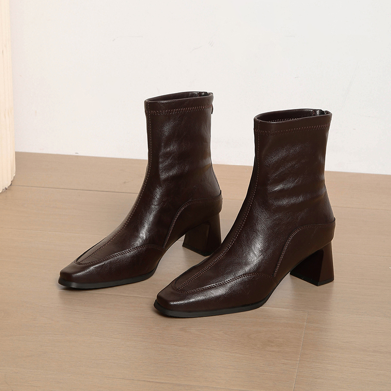 羊皮版~法式方头气质高跟瘦瘦靴女款2025新款韩系粗跟瘦瘦靴女靴