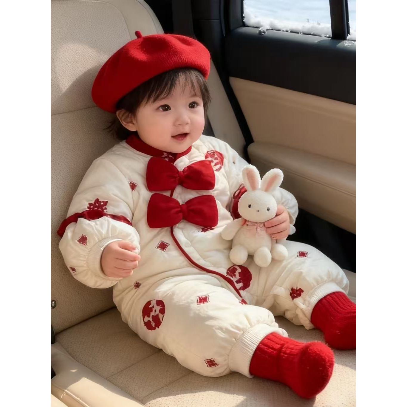 双蝴蝶结刺绣花棉哈衣