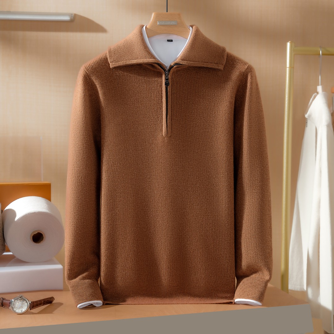 100%纯山羊绒衫男半开拉链翻领加厚元宝针毛衣针织打底衫410-470g