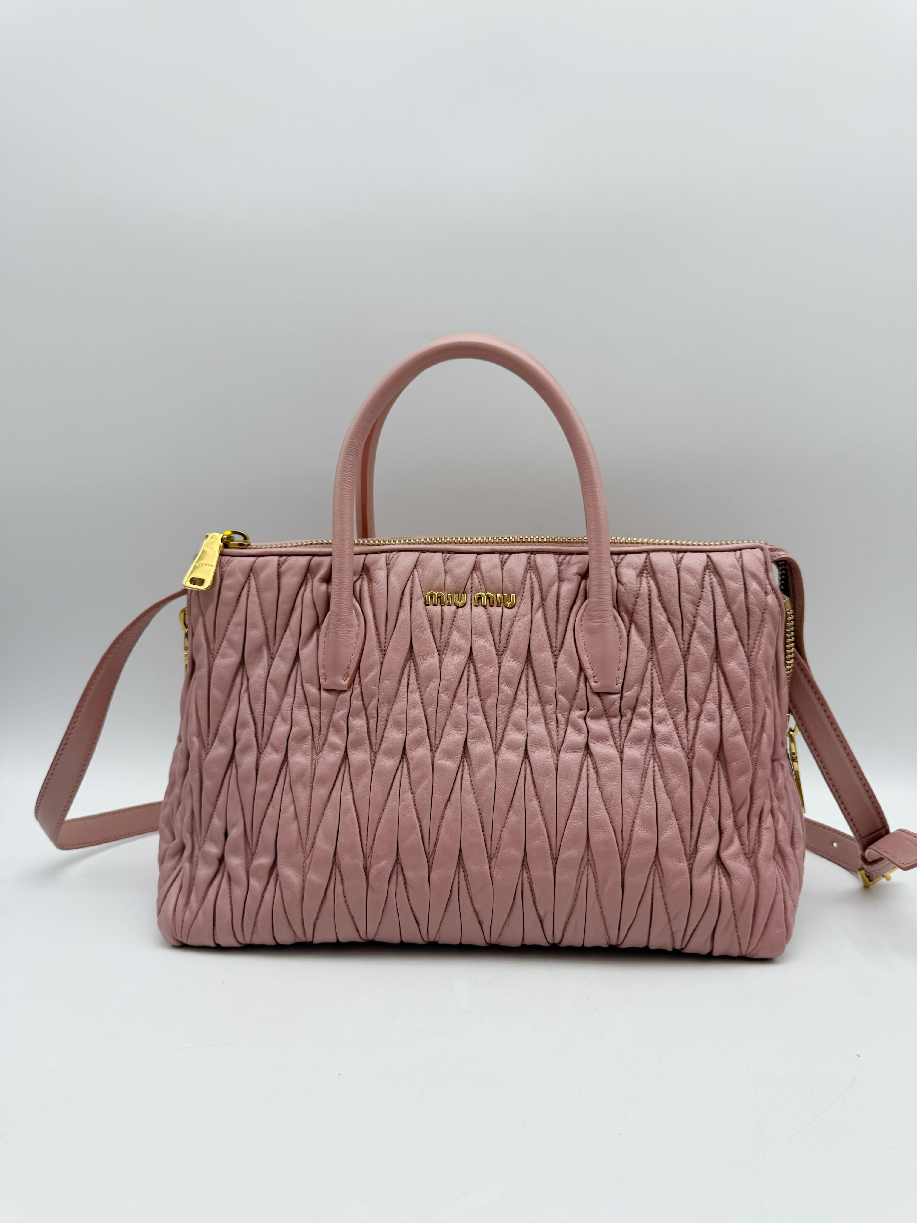 95新 MIU MIU/缪缪 粉色褶皱tote包手提包 单肩斜挎包