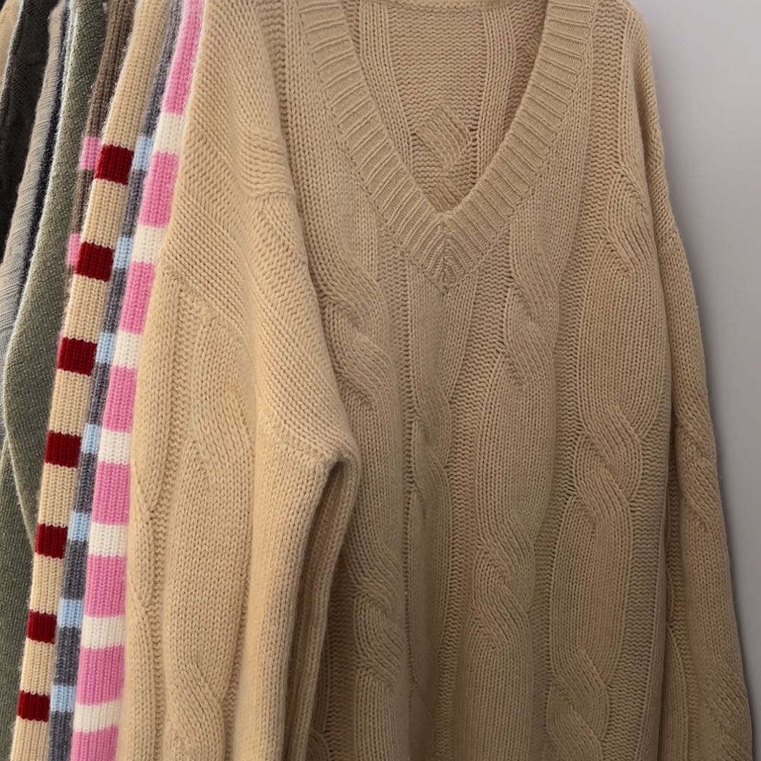 V领 大麻花 羊绒衫 