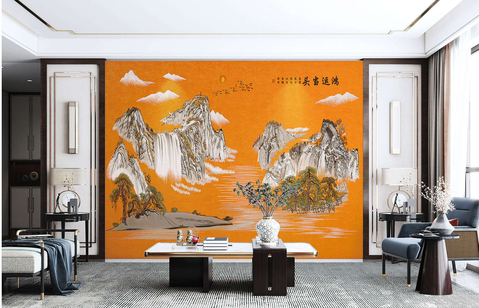 中式新中式高端刺绣墙布 客厅沙发卧室办公室独秀背景（鸿运当头）
